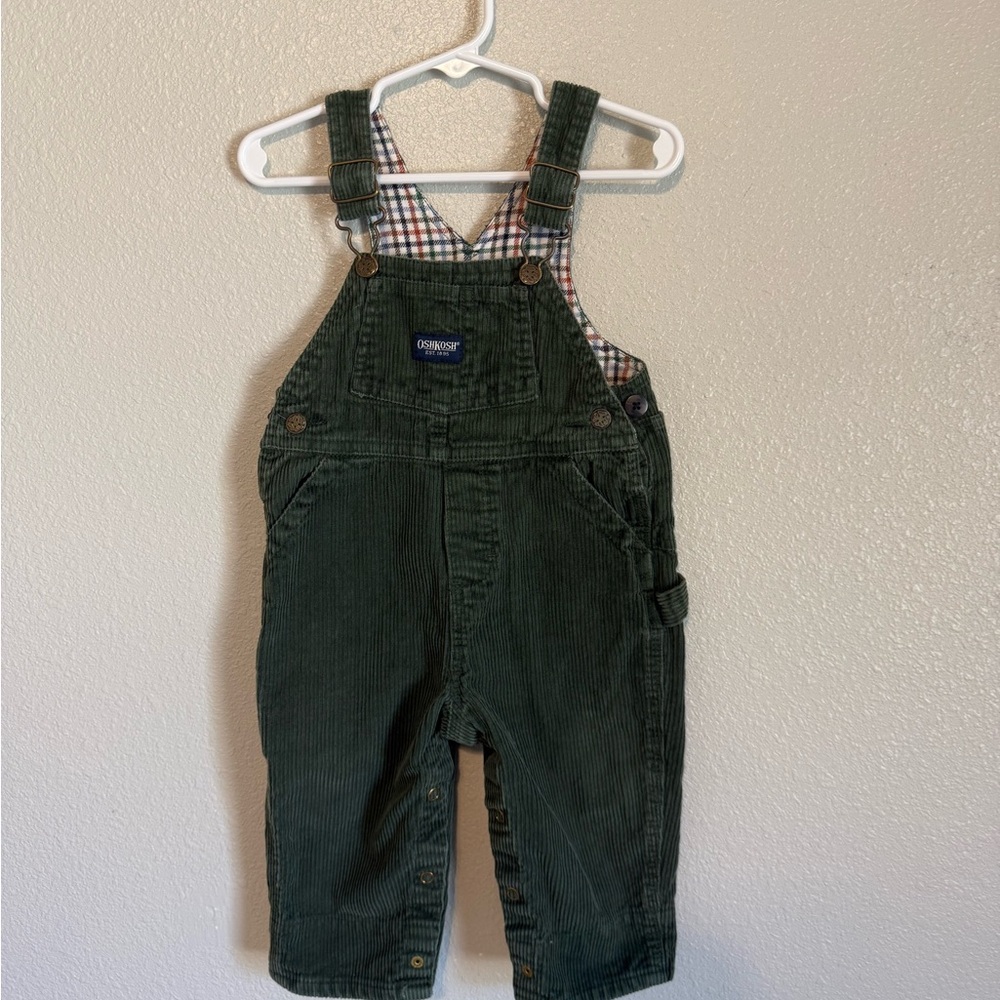 OshKosh B'gosh Dark Green Corduroy Overalls with Plaid Lining